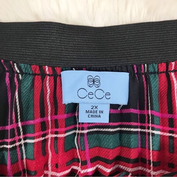New CECE Black Red Plaid Pleated Midi Skirt Elastic Waist Pull On Tartan Size 2X - Picture 6 of 10